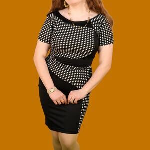 Black and White Gingham Abstract Midi Sheath Dress Short Sleeve, XL